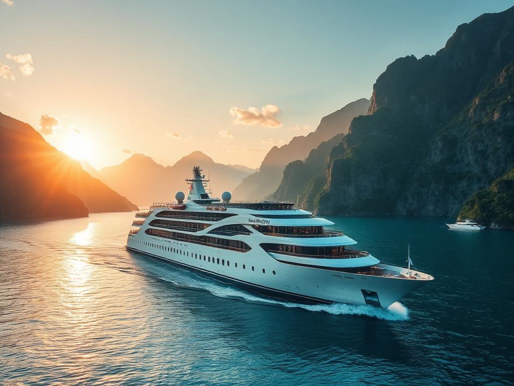 Luxury cruise ship sailing through a scenic bay at sunset