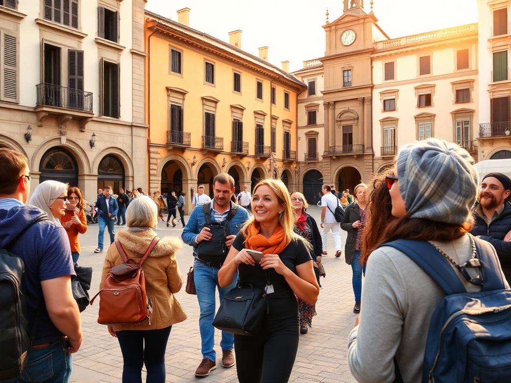 Small group of travellers exploring a European plaza with a guide