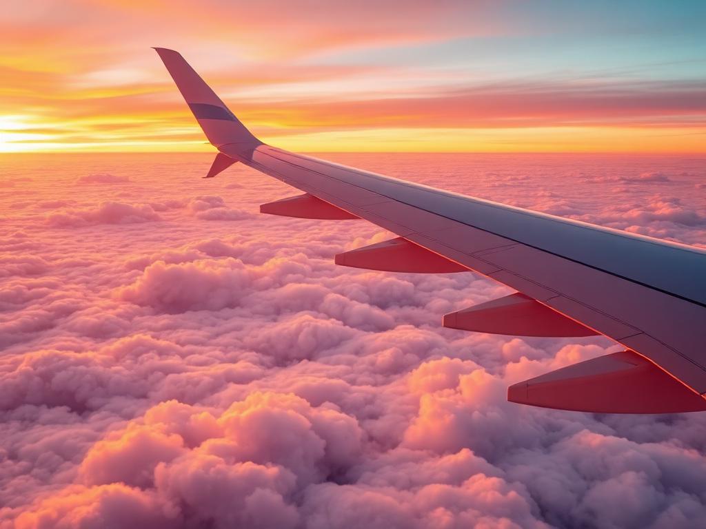 Aircraft wing above pink and gold clouds at sunset