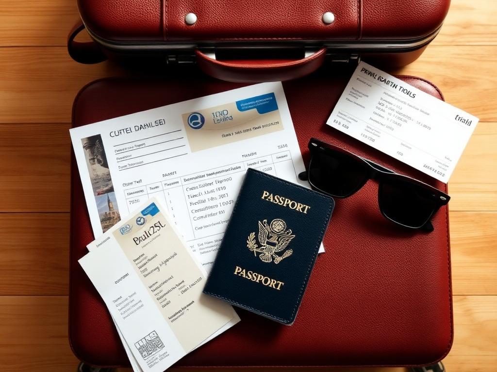 Passport, travel documents and luggage laid out ready for a trip