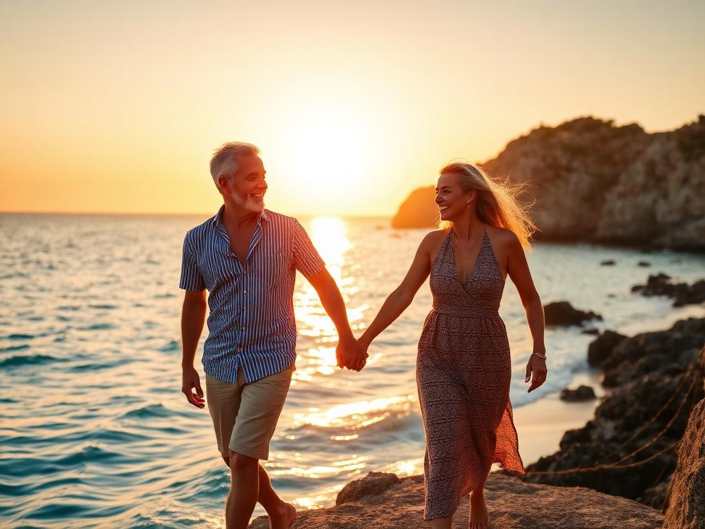 Couple enjoying a beautiful coastal destination at golden hour