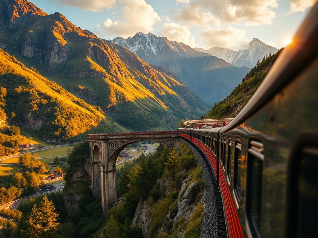 Luxury train travelling through spectacular mountain scenery